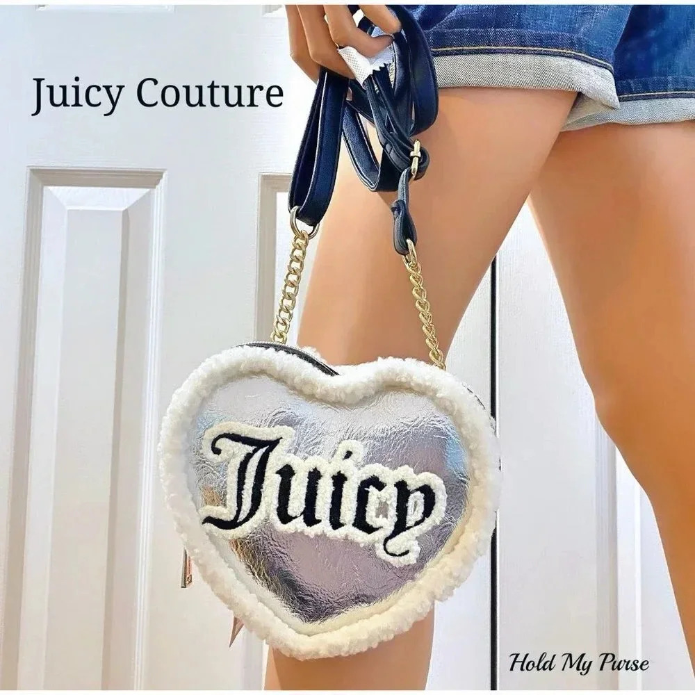 Juicy Couture Silver Black Shear Genius Iridescent Metallic Heart Shape Bag NWT - Picture 3 of 9